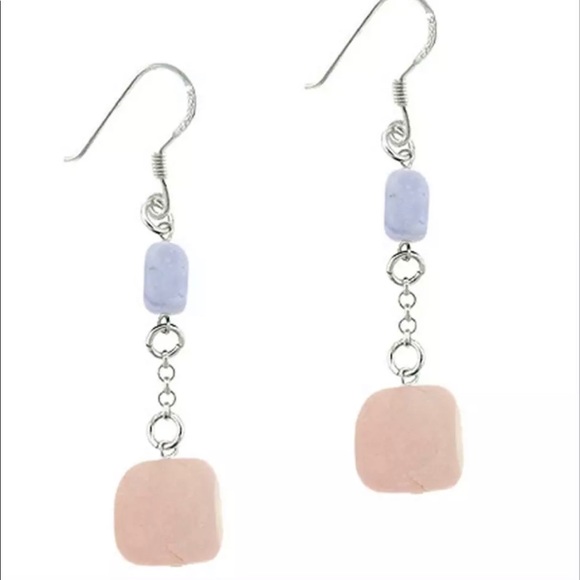 925 Silver Rose Quartz & Lace Agate Earrings - Picture 1 of 1